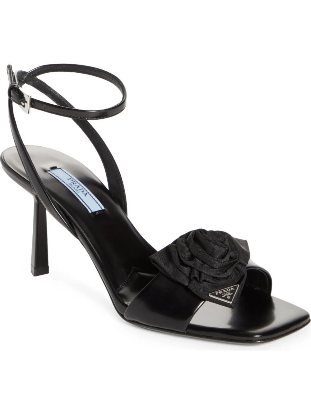 PRADA Rose Leather Triangle Logo Ankle Strap Sandals Heels Shoes Black